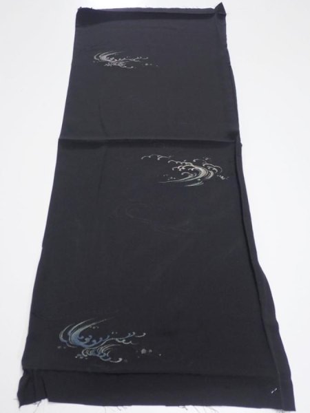 Photo10: 2V01z50  Japanese Kimono Silk  FABRIC Wave Black 35.4x14.2 (10)