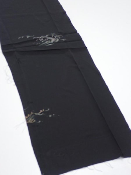 Photo2: 2V06z50  Japanese Kimono Silk  FABRIC Wave Black 48.0x10.2 (2)
