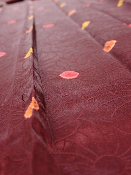 Photo3: 2V07z120  Japanese Kimono Silk  FABRIC Chrysanthemum Red-Brown 88.2x14.2 (3)