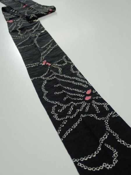 Photo1: 2V03z40  Japanese Kimono Silk  FABRIC Butterfly Black 72.4x4.9 (1)