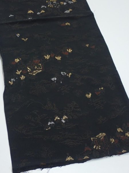 Photo2: 2P01z70  Japanese Kimono Silk  FABRIC Heian era Black 37.0x13.6 (2)