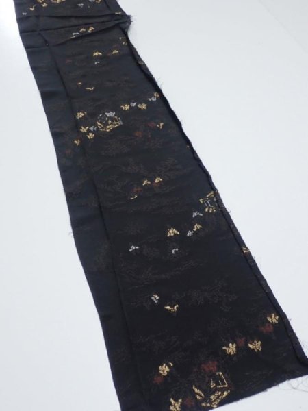Photo2: 2P05z70  Japanese Kimono Silk  FABRIC Heian era Black 55.9x9.4 (2)