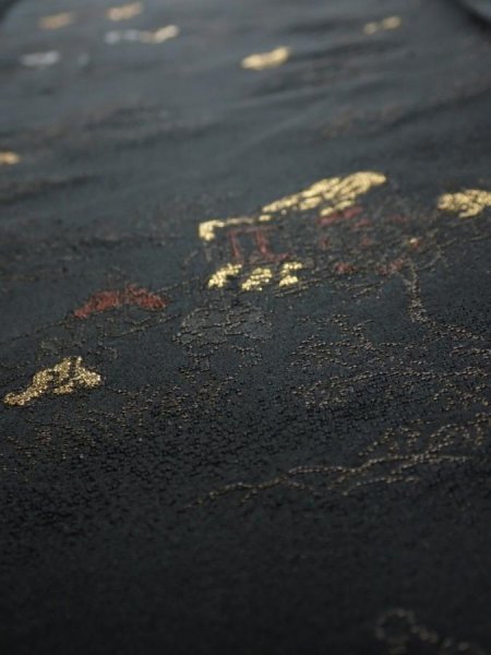 Photo4: 2P06z70  Japanese Kimono Silk  FABRIC Heian era Black 55.1x9.6 (4)