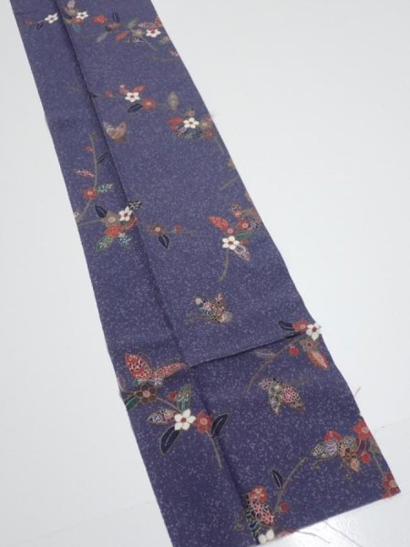 Photo2: 2R09z60  Japanese Kimono Silk  FABRIC Flower Navy-Gray 86.6x7.1 (2)