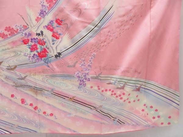 Photo7: 4001T11z1100  Japanese Kimono Silk FURISODE Flying crane Pink (7)