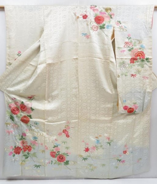 Photo1: 4003T08z910 Vintage Japanese Kimono Silk FURISODE Chrysanthemum Off-white (1)