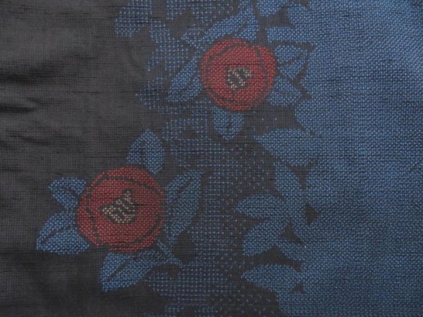 Photo5: 4008T02z790 Vintage Japanese Kimono Silk TSUMUGI Camellia Dark blue (5)
