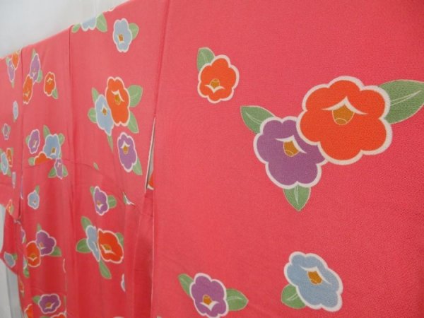 Photo2: 4008T09z1120  Japanese Kimono Silk KOMON Camellia Coral pink (2)