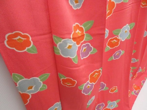 Photo3: 4008T09z1120  Japanese Kimono Silk KOMON Camellia Coral pink (3)