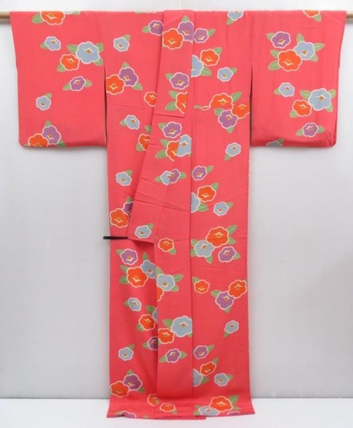 Photo8: 4008T09z1120  Japanese Kimono Silk KOMON Camellia Coral pink (8)