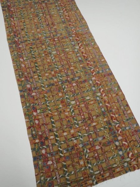 Photo2: 2W03z90  Japanese Kimono Crepe Silk  FABRIC   Olive-Brown 64.6x14.0 (2)