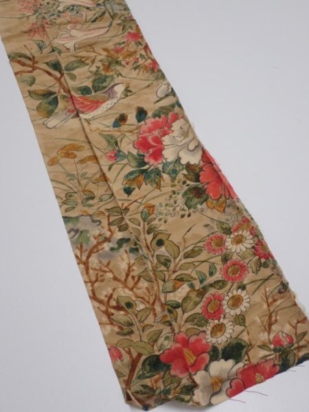 Photo3: 2W10z30  Japanese Kimono Crepe Silk  FABRIC Bird, Flowers   38.6x7.3 (3)