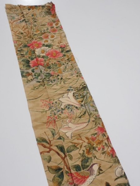 Photo4: 2W10z30  Japanese Kimono Crepe Silk  FABRIC Bird, Flowers   38.6x7.3 (4)