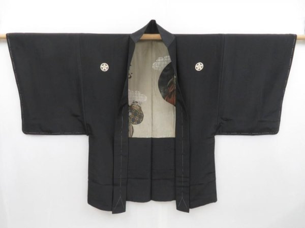 Photo2: 4011T06z540 Vintage Japanese Kimono Silk Men's HAORI Daruma Black (2)