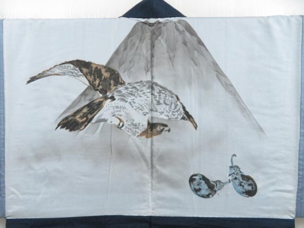 Photo2: 4016T10z510 Vintage Japanese Kimono Silk Men's HAORI Mt.Fuji Navy (2)