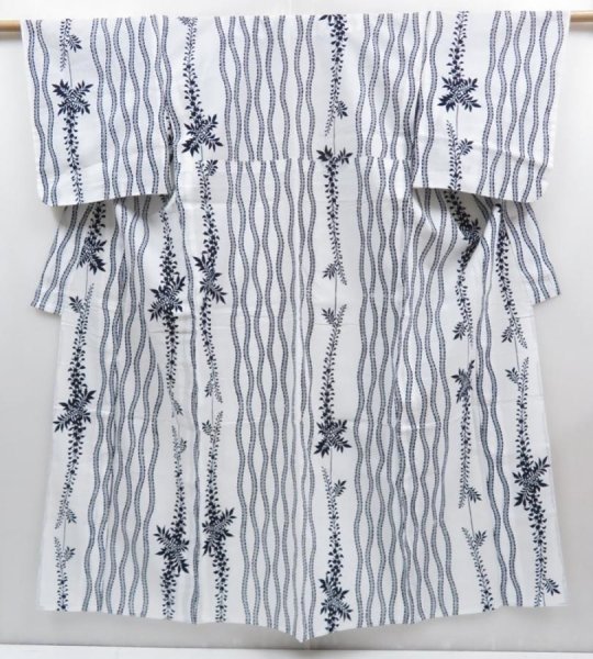 Photo1: 4019T01z480 Vintage Japanese Kimono Cotton YUKATA Wisteria Off-white (1)