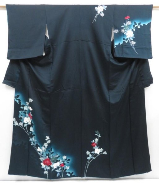Photo1: 4107T10z950  Japanese Kimono Silk TSUKESAGE Flowers Dark navy (1)