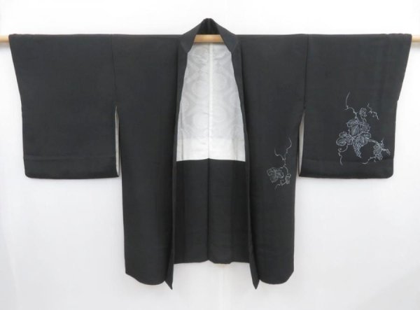 Photo6: 4114T02z580 Vintage Japanese Kimono Silk HAORI Bird Black (6)
