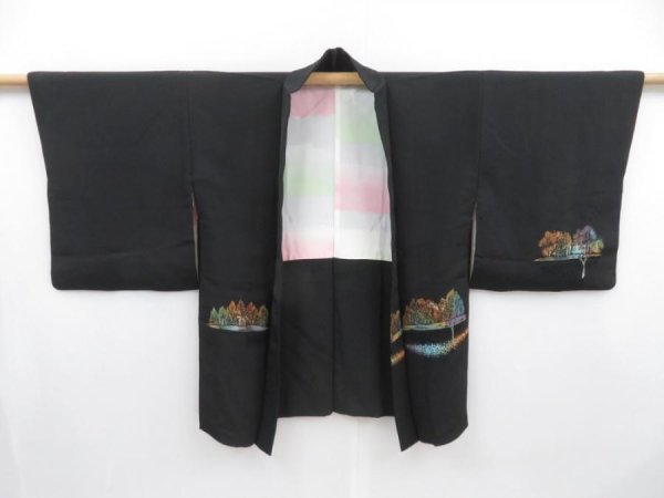 Photo6: 4115T14z590 Vintage Japanese Kimono Silk HAORI Mountain Black (6)