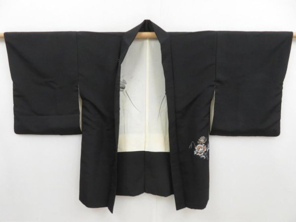 Photo5: 4117T05z540 Vintage Japanese Kimono Silk HAORI Flower Black (5)