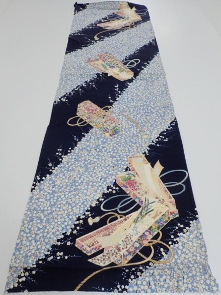 Photo5: 2i01z70  Japanese Kimono Silk  FABRIC Letter box Dark navy 46.5x14.2 (5)