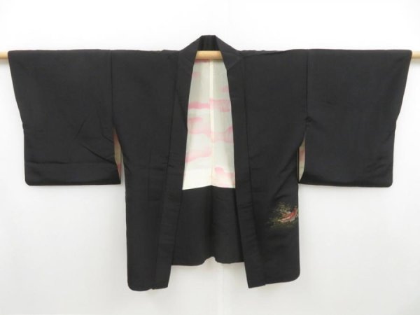 Photo5: 4124T06z500 Vintage Japanese Kimono Silk HAORI Katawaguruma  Black (5)