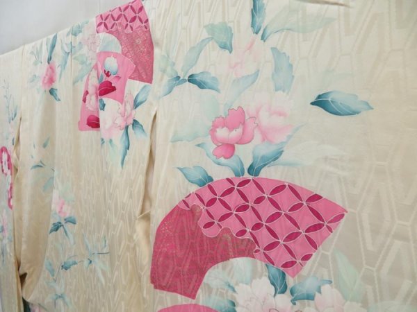 Photo2: 4128T01z860 Vintage Japanese Kimono Silk FURISODE Jigami Off-white (2)