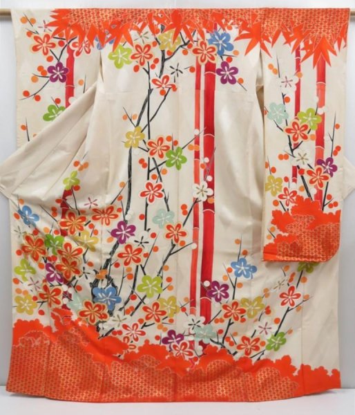Photo1: 4128T12z1080 Vintage Japanese Kimono Silk FURISODE Plum tree Orangered (1)
