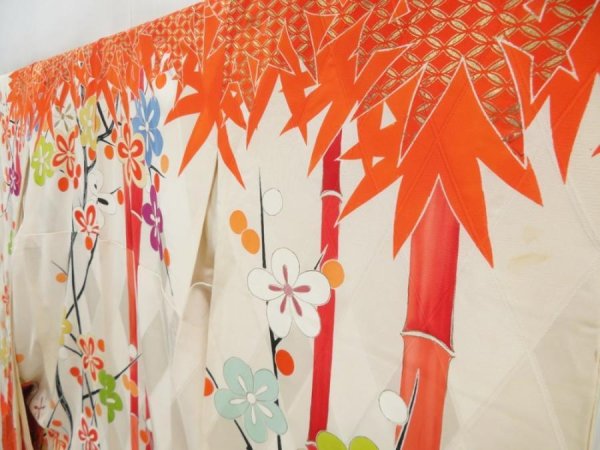 Photo2: 4128T12z1080 Vintage Japanese Kimono Silk FURISODE Plum tree Orangered (2)