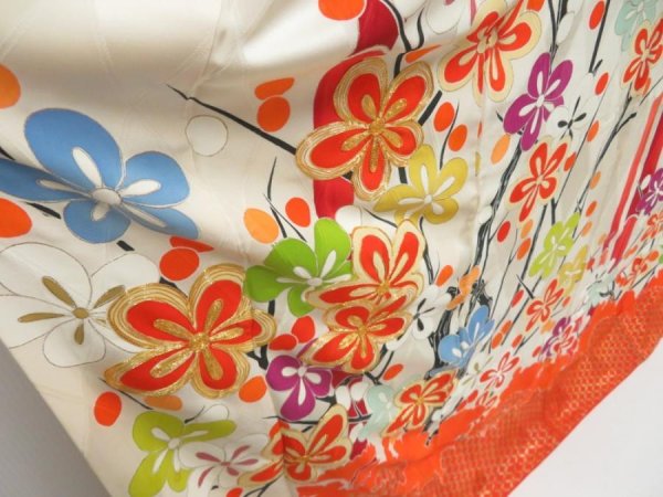 Photo3: 4128T12z1080 Vintage Japanese Kimono Silk FURISODE Plum tree Orangered (3)