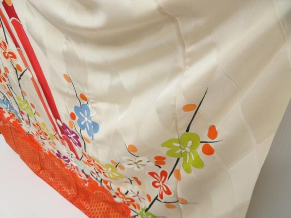 Photo4: 4128T12z1080 Vintage Japanese Kimono Silk FURISODE Plum tree Orangered (4)