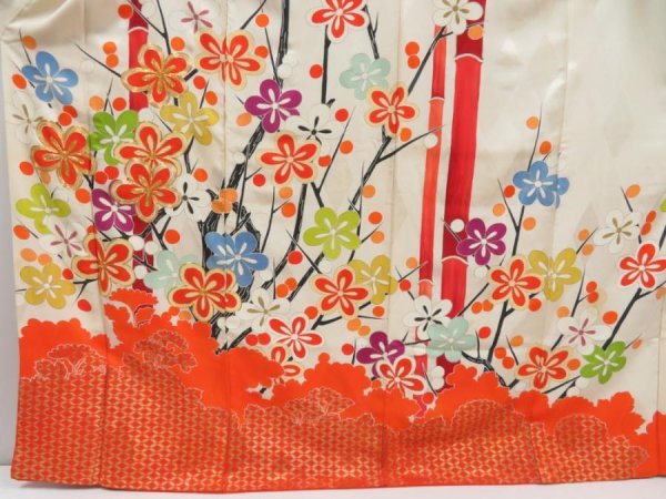 Photo5: 4128T12z1080 Vintage Japanese Kimono Silk FURISODE Plum tree Orangered (5)