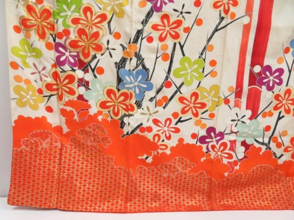 Photo6: 4128T12z1080 Vintage Japanese Kimono Silk FURISODE Plum tree Orangered (6)