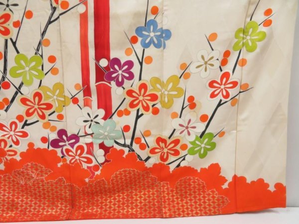 Photo7: 4128T12z1080 Vintage Japanese Kimono Silk FURISODE Plum tree Orangered (7)