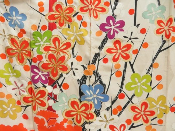 Photo8: 4128T12z1080 Vintage Japanese Kimono Silk FURISODE Plum tree Orangered (8)