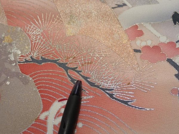 Photo7: 4E01z140  Japanese Kimono Silk  FABRIC Crane Black 62.2x18.1 (7)