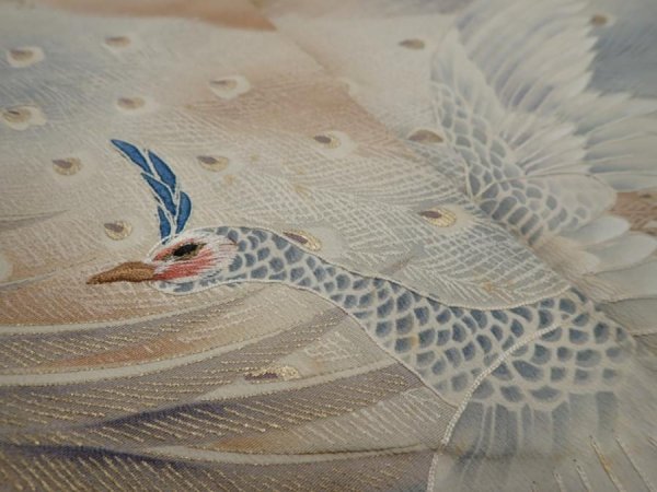 Photo4: 4E01z240  Japanese Kimono Silk  FABRIC Peacock Black 59.1x15.7 (4)