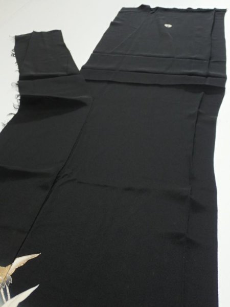 Photo7: 4J01z150  Japanese Kimono Silk  FABRIC Flying crane Black 61.4x17.3 (7)