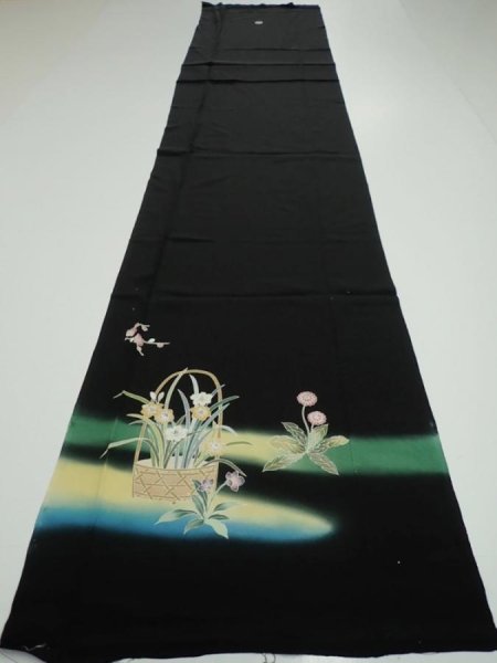 Photo7: 4K04z100  Japanese Kimono Silk  FABRIC  Black 66.5x14.6 (7)