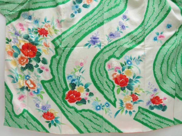 Photo5: 4129T09z1010 Vintage Japanese Kimono Silk FURISODE Flowers Green (5)
