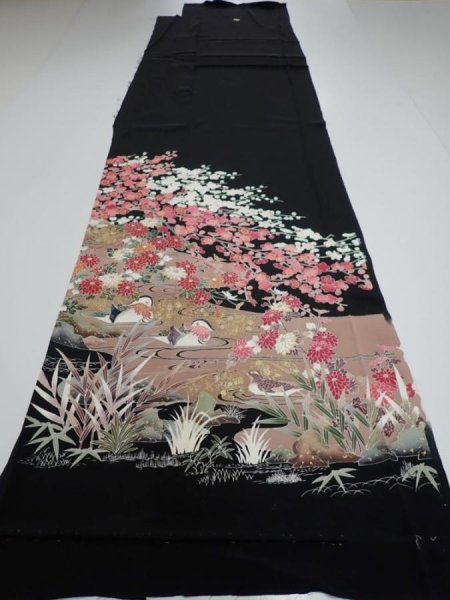 Photo6: 4F01z150  Japanese Kimono Silk  FABRIC Mandarin duck Black 62.2x18.5 (6)