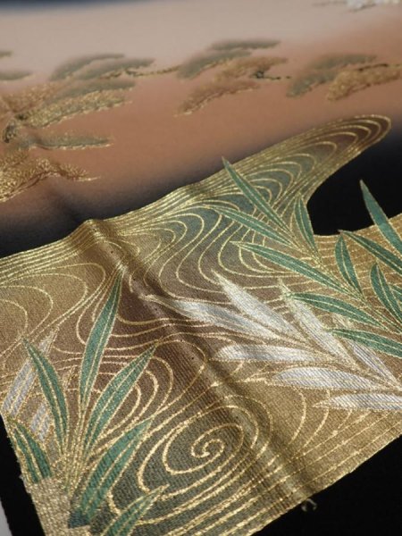 Photo2: 4G02z110  Japanese Kimono Silk  FABRIC Stream, Pine Black 67.7x14.6 (2)