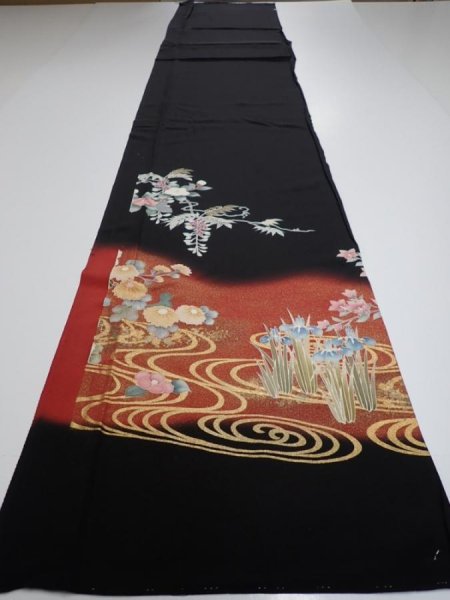 Photo4: 4G02z100  Japanese Kimono Silk  FABRIC Flowers Black 71.7x14.8 (4)