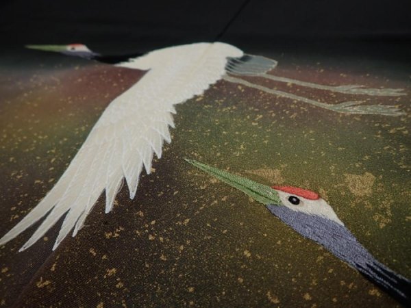 Photo4: 4G02z210  Japanese Kimono Silk  FABRIC Crane Black 70.1x30.7 (4)