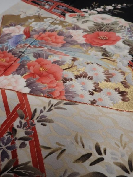 Photo3: 4L01z140  Japanese Kimono Silk  FABRIC Folding fan Black 59.8x17.9 (3)