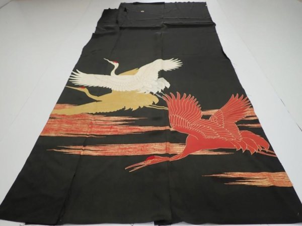 Photo6: 4L01z250 Vintage Japanese Kimono Silk  FABRIC Crane Black 58.3x29.5 (6)