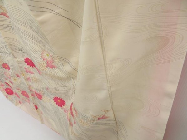 Photo4: 4214T09z740 Vintage Japanese Kimono Silk TSUKESAGE Chrysanthemum Off-white (4)