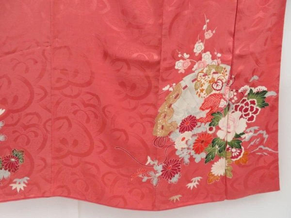 Photo7: 4220T08z430 Antique Japanese Kimono Silk TSUKESAGE Flower cart Coral pink (7)