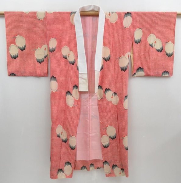 Photo5: 4225T04z450 Antique Japanese Kimono Silk JUBAN Crane Red (5)