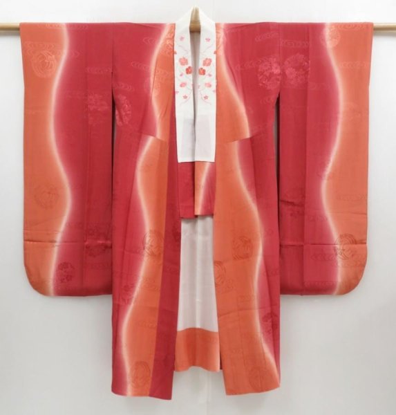 Photo8: 4228T05z770  Japanese Kimono Rinzu Silk FURISODE JUBAN Flowers Dull red (8)